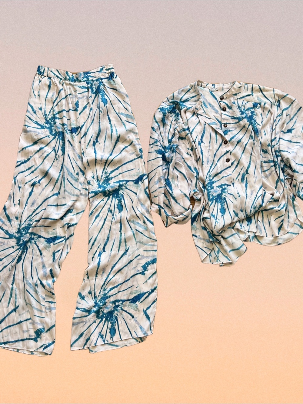FP Intimately Free People turquoise blue light pinkish cream tie-dye set - Picture 2 of 10